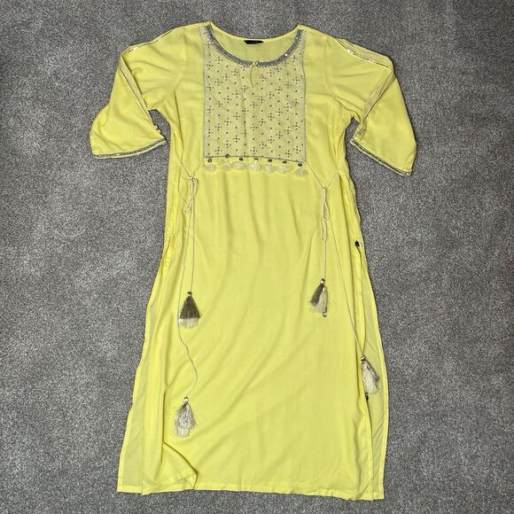 Aurelia Other - Aurelia Kurta Tunic Women L/XL SunshineYellow Silver Beaded Embroidery Tassel